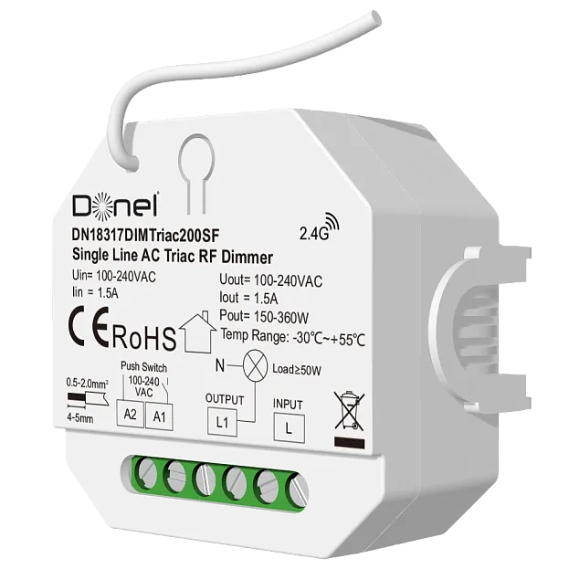 Диммер RF+Push, AC 230В без подключения нейтрали, LED 200Вт, Push-Dim, Triac Donel DN18317DIMTriac200SF DDIM