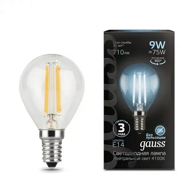 Лампа Gauss 105801209 филаментная E14 9W 4100К шар прозрачный Filament Globe Лампа Gauss 105801209 филаментная E14 9W 4100К шар прозрачный Filament Globe