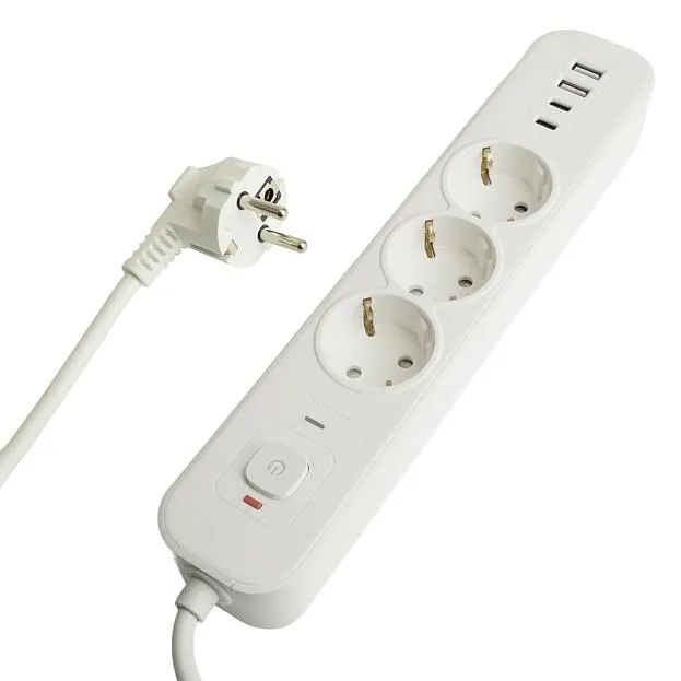 Сетевой фильтр 3-местный с/з Stekker 50101 3x1мм2, 5 м, 250В, 16А, 2 USB-A+2 Type-C 3, серия Nova, белый Сетевой фильтр 3-местный с/з Stekker 50101 3x1мм2, 5 м, 250В, 16А, 2 USB-A+2 Type-C 3, серия Nova, белый