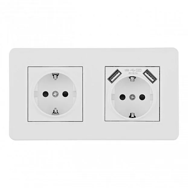 Розетка двойная (двухпостовая) c заземление и шторками + 2USB белая с рамкой Arte Milano SET16-2-47-1-40-1 white
