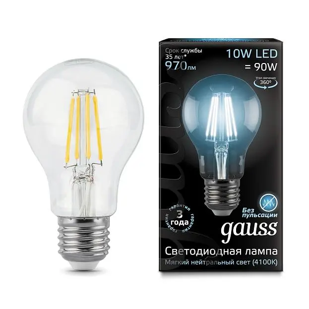 Лампа Gauss 102802210 филаментная E27 10W 4100К груша прозрачная Filament A60 Лампа Gauss 102802210 филаментная E27 10W 4100К груша прозрачная Filament A60