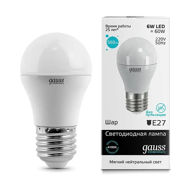Лампа Gauss 53226 E27 6W 4100K шар матовый Globe LED Лампа Gauss 53226 E27 6W 4100K шар матовый Globe LED