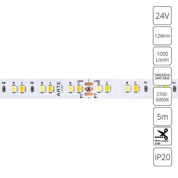 Светодиодная лента 24V 19,2W/m mix 2700-6000К 5м Arte Lamp A2414010-01-mix TAPE Светодиодная лента 24V 19,2W/m mix 2700-6000К 5м Arte Lamp A2414010-01-mix TAPE