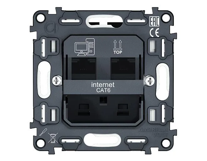 Механизм компьютерной двойной розетки RJ-45 (8P8C) CAT6 1000 Base-T с автоматической защитной шторкой QUANT Volt VM189 Механизм компьютерной двойной розетки RJ-45 (8P8C) CAT6 1000 Base-T с автоматической защитной шторкой QUANT Volt VM189