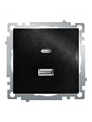 Розетка 2-местная USB + type C (механизм),  Stekker 50055 GLS10-7116-05, 250B, 3А, серия Катрин, черный