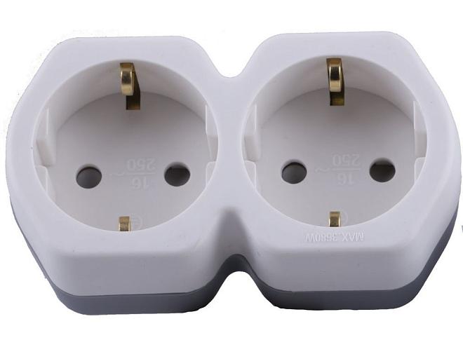 Разветвитель сетевой 2-местный с/з STEKKER 32870 ADP16-12-20, 250V,16A, ABS огнеустойчивый пластик, белый/серый