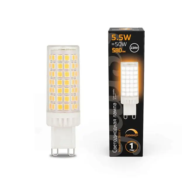 Лампа светодиодная диммируемая Gauss 107309155-D G9 5,5W 3000К прозрачная Лампа светодиодная диммируемая Gauss 107309155-D G9 5,5W 3000К прозрачная