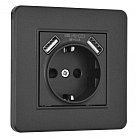 Комплект розетки с заземлением и шторками + 2 USB и рамкой однопостовой черный пластик Arte Milano SET16-1-47-1 black