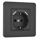 Комплект розетки с заземлением и шторками + 2 USB и рамкой однопостовой черный пластик Arte Milano SET16-1-47-1 black