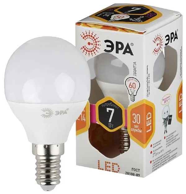 Лампочка светодиодная ЭРА LED P45-7W-827-E14