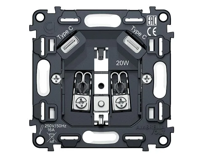 Механизм электрической розетки 2USB С+C 20W быстрая зарядка с заземлением на винтовых зажимах 16A-250V QUANT Volt VM165 Механизм электрической розетки 2USB С+C 20W быстрая зарядка с заземлением на винтовых зажимах 16A-250V QUANT Volt VM165