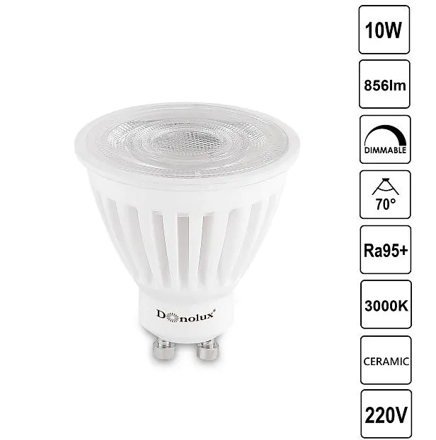 Светодиодная лампа CERAMIC 10Вт 3000K 856Лм Dim Triac Donolux dl18275w10gu10 70dim DL18275 Светодиодная лампа CERAMIC 10Вт 3000K 856Лм Dim Triac Donolux dl18275w10gu10 70dim DL18275