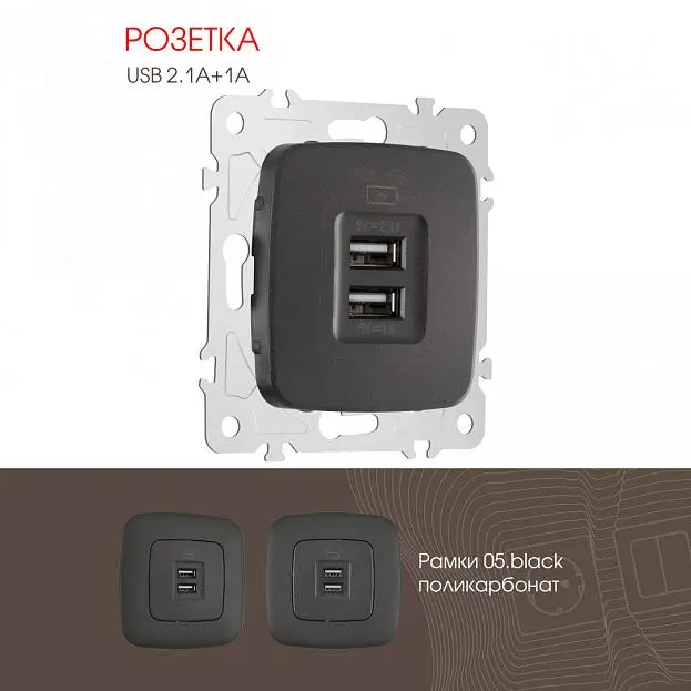 Розетка USB 2.1А+1А Arte Milano 205.46-1.black am