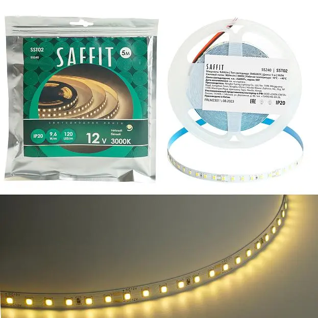 Светодиодная лента 120SMD(2835)/м 9.6Вт/м 12V 5000*8*1.22мм 3000К, IP20 SAFFIT 55240 SST02 Светодиодная лента 120SMD(2835)/м 9.6Вт/м 12V 5000*8*1.22мм 3000К, IP20 SAFFIT 55240 SST02