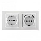 Розетка двойная (двухпостовая) c заземление и шторками + 2USB серебро с рамкой Arte Milano SET06-2-47-1-40-1 silver