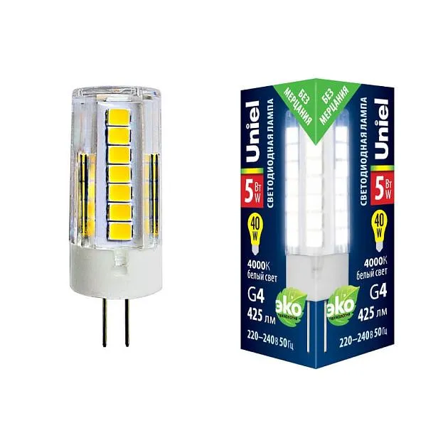 Лампочка светодиодная Uniel LED-JC-220/5W/4000K/G4/CL GLZ09TR картон Лампочка светодиодная Uniel LED-JC-220/5W/4000K/G4/CL GLZ09TR картон