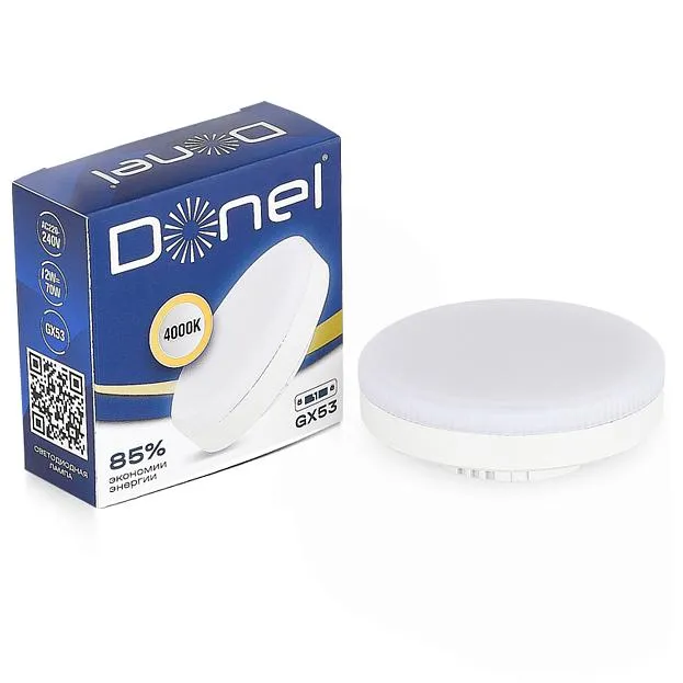 Светодиодная лампа 12Вт, 220В, GX53, 4000K, 1020Лм, Ra>80, 110°, D75хH26мм Donel DN03007N12GX53 DN03 Светодиодная лампа 12Вт, 220В, GX53, 4000K, 1020Лм, Ra>80, 110°, D75хH26мм Donel DN03007N12GX53 DN03