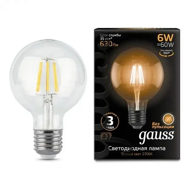 Лампа Gauss 105802106 LED Filament G95 E27 6W Golden 2700K Лампа Gauss 105802106 LED Filament G95 E27 6W Golden 2700K