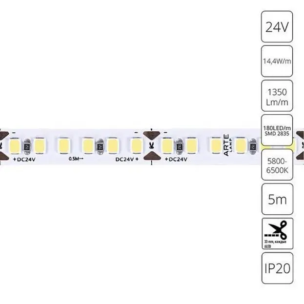 Светодиодная лента 24V 9,6W/m 6000К 5м Arte Lamp A2418008-03-6K TAPE Светодиодная лента 24V 9,6W/m 6000К 5м Arte Lamp A2418008-03-6K TAPE