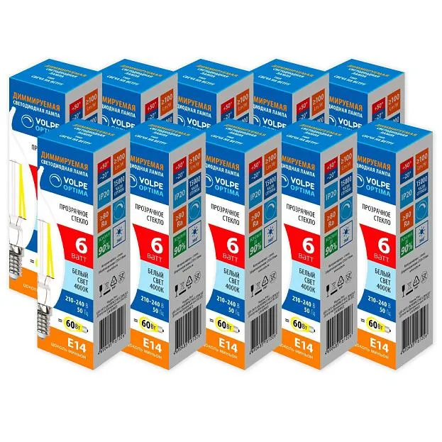 Лампочка светодиодная Volpe LED-CW35-6W/4000K/E14/CL/DIM/SLF Набор из 10штук Optima DIM Филамент