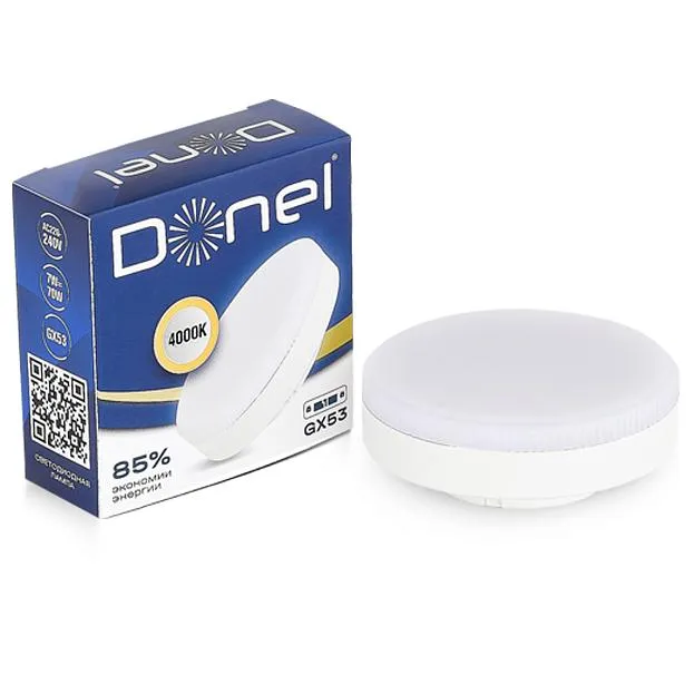 Светодиодная лампа 7Вт, 220В, GX53, 4000K, 595Лм, Ra>80, 110°, D75хH24мм Donel DN03006N7GX53 DN03 Светодиодная лампа 7Вт, 220В, GX53, 4000K, 595Лм, Ra>80, 110°, D75хH24мм Donel DN03006N7GX53 DN03