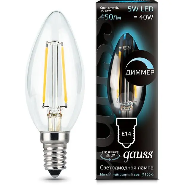 Лампа Gauss 103801205-D диммируемая филаментная E14 5W 4100К свеча прозрачная Filament Candle D