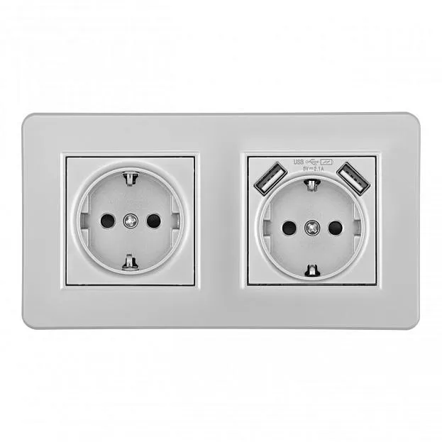 Розетка двойная (двухпостовая) c заземление и шторками + 2USB серебро с рамкой Arte Milano SET16-2-47-1-40-1 silver Розетка двойная (двухпостовая) c заземление и шторками + 2USB серебро с рамкой Arte Milano SET16-2-47-1-40-1 silver