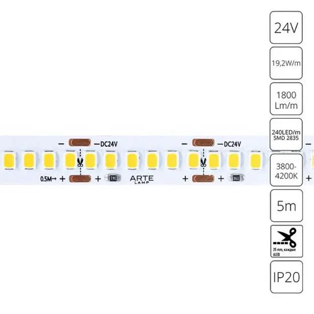 Светодиодная лента 24V 19,2W/m 4000К 5м Arte Lamp A2424010-02-4K TAPE Светодиодная лента 24V 19,2W/m 4000К 5м Arte Lamp A2424010-02-4K TAPE