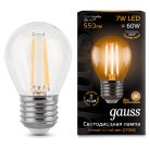 Лампа Gauss 105802107 филаментная E27 7W 2700К шар прозрачный Filament Globe