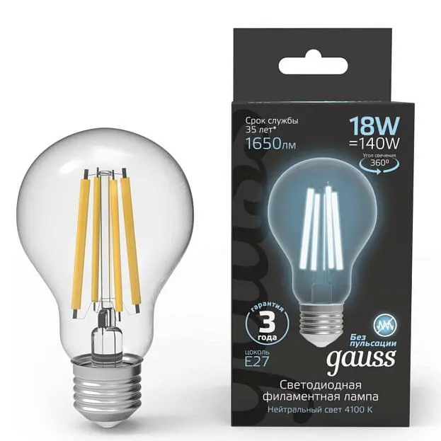 Лампа светодиодная Gauss 102902218 E27 18W 4100K прозрачная Filament