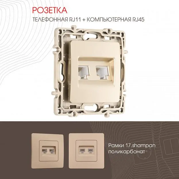 Розетка телефонная RJ11 + компьютерная RJ45 217.44-1.shampan Arte Milano am Розетка телефонная RJ11 + компьютерная RJ45 217.44-1.shampan Arte Milano am